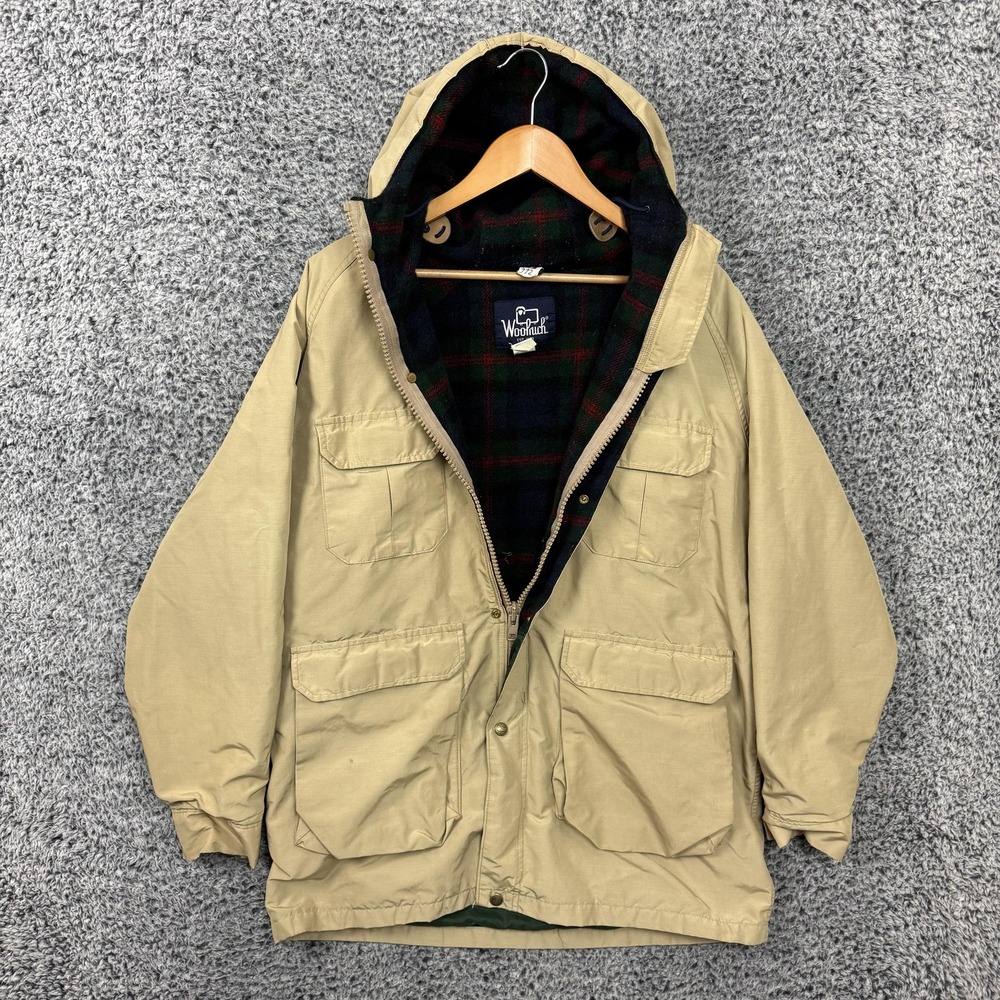 Vintage Woolrich Jacket Mens Large Beige Wool Lined Hooded Parka Chore Coat 80s